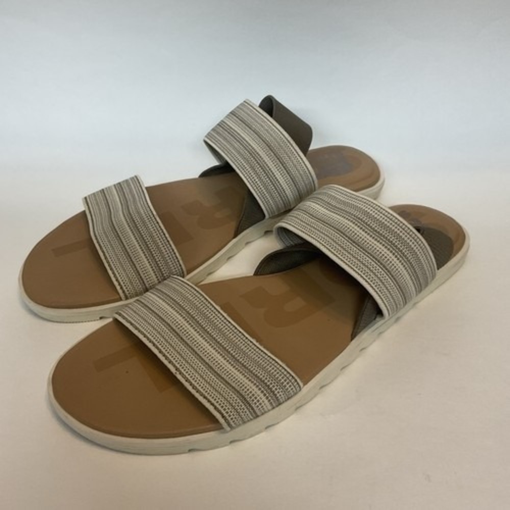 Sorel Ella Beige/Tan Striped Elastic Straps Flat Sandals Women 9 Vietnam Synthet